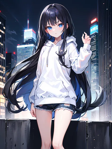 1girl, long black hair, blue eyes, wearing white hoodie, denim short, city, night, high res, ultrasharp, 8K,  masterpiece,