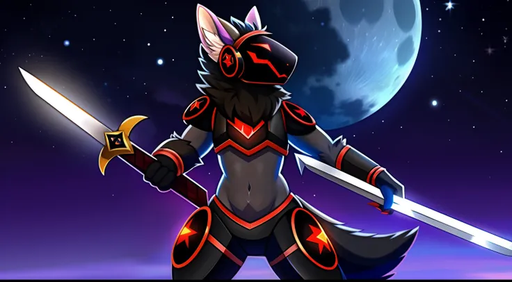 Protogen, pelaje suave color negro, cuerpo detallado, pose de pelea ,cielo oscuro, estrellas, luna llena, anochecer,ojos rojos,solo, wielding a sword