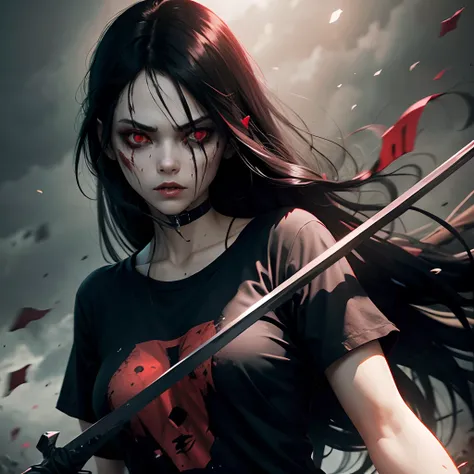 Black hair，Black-red eyes，Female zombie with black sword