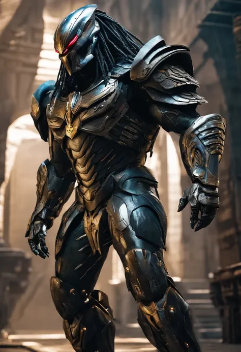 predator，full body photo，gray skin with scales, cyber, technological silver armor, robotic armor, authentic background