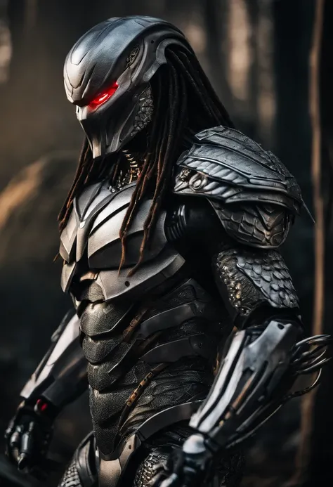 predator，full body photo，gray skin with scales, cyber, technological silver armor, robotic armor, authentic background