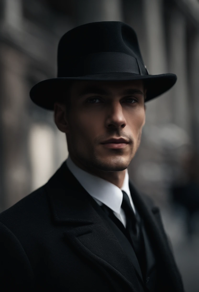 Man in black hat with black suit and overcoat with tired features and dark circles