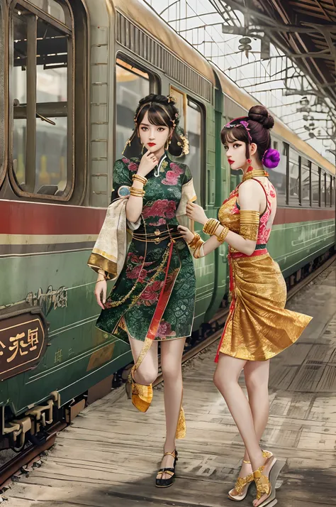 ((Realistic:1.5)),Ulzzang-6500:1.3，((Best quality)), ((Masterpiece)),((Detailed)),2girls,duo,railway station 1920s Shanghai,retro train background:1.4,{2 beautiful women}, (Upper body:1.3),(hair bun,Chinese retro hairpins:1.4),Hug and touch each other, Tea...