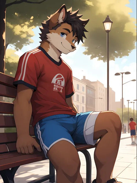 furry young 18-year-old boy sitting on a bench in the square, alone, wearing blue shorts and a red shirt, looking at the viewer ...