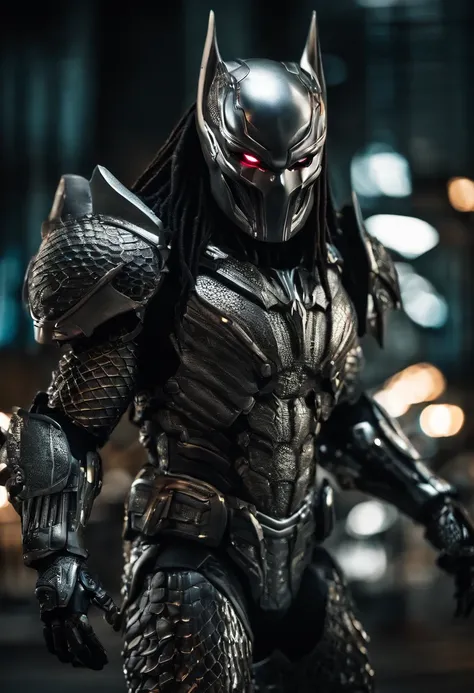 predator，full body photo，gray skin with scales, cyber, technological silver armor, robotic armor, batman, authentic background