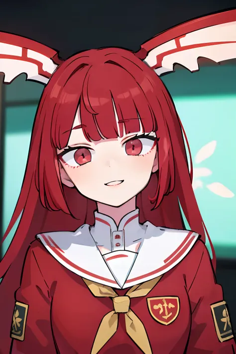 (best quality,4k,8k,highres,masterpiece:1.2),ultra-detailed,realistic,red eyes,red hair,school uniform, smug smile, vibrant colors,professional,detailed cracks of lips,detailed strands of hair,sharp focus,studio lighting,vivid colors