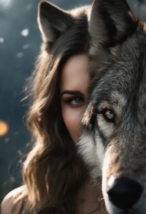 A huge wild gray wolf protecting a beautiful girl
(masterpiece: 1.5) (photorealistic: 1.1) (bokeh) (best quality) (detailed skin texture pores hair: 1.1) (intricate) (8k) (HDR) (wallpaper) (cinematic lighting) (sharp focus )