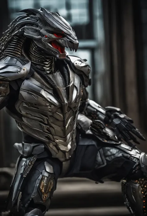 predator，full body photo，gray skin with scales, cyber, technological silver armor, robotic armor, batman, authentic background