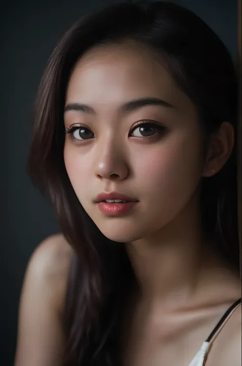 (close-up, editorial photograph of a 21 year old japanese girl), (highly detailed face:1.4) (smile:0.7) (background inside dark, moody, private study:1.3) POV, by lee jeffries, nikon d850, film stock photograph ,4 kodak portra 400 ,camera f1.6 lens ,rich c...