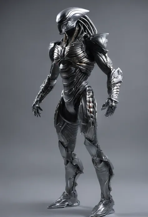 predator，full body photo，gray skin with scales, cyber, technological silver armor, robotic armor, batman, authentic background