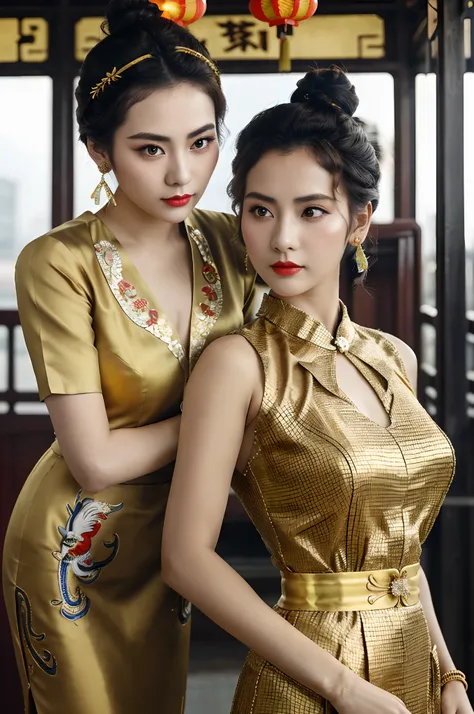 ((Realistic:1.5)),Ulzzang-6500:1.3，((Best quality)), ((Masterpiece)),((Detailed)),2girls,duo,railway station 1920s Shanghai,retro train background:1.4,{2 beautiful women}, (Upper body:1.3),(hair bun,Chinese retro hairpins:1.4),Hug and touch each other, Tea...