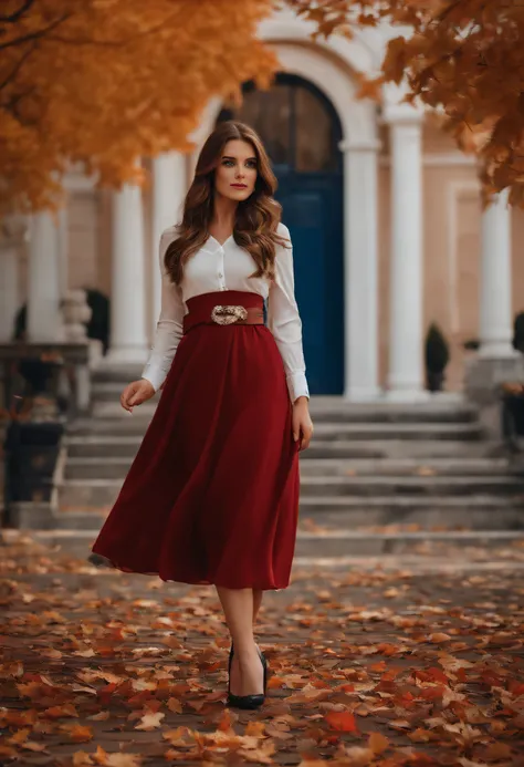 A brown hair 25 year girl, Cinematic , Blue big eyes , Soft Makeup, Red white dress with black styled belt, White shoes ,Outside yard Palace ,Autumn ,Falling leaves