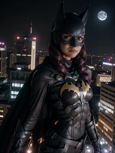 batgirl, batgirl mask, superheroe pose, angry face, imponent, at night, top of building, watching the city, below view, f 1. 2, ...