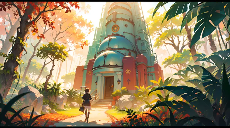 colorfantasystyle  oil on matte canvas, sharp details, the expanse scifi spacescape ceres colony, (((dense jungle))), red leaves, ((masterpiece)), illustration, anime art, Makoto Shinkai, Hayao Miyazaki, Studio Gibli, 4k, absurdres, best quality, (detailed...