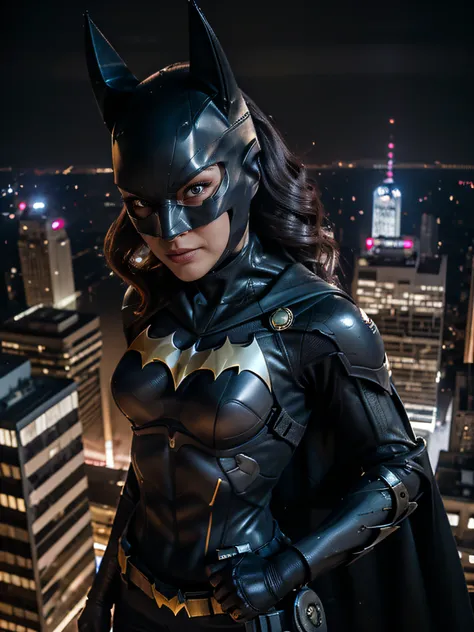 Batgirl, batgirl mask, superheroe pose, angry face, imponent, at night, top of building, watching the city, below view, f 1. 2, sharp focus, 8 k high definition, fisheye lens. planeando sobre la ciudad, full moon. calidad alta, grey eyes, punching to the c...