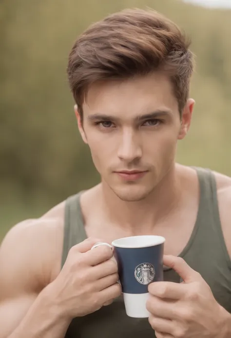 A handsome boy drinking coffe, 25 years old, brown spiky hair, light hazel brown eyes, masculine pose standing in a meadow, mysterious lighting, muscular physique, looking into the camera, upper body close up, polish, 8k UHD, SLR camera, soft lighting, hig...