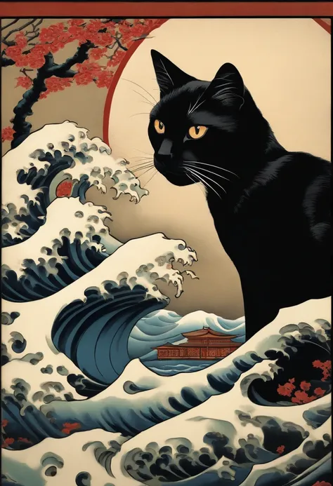 black cat with antique japanese painting and the great wave