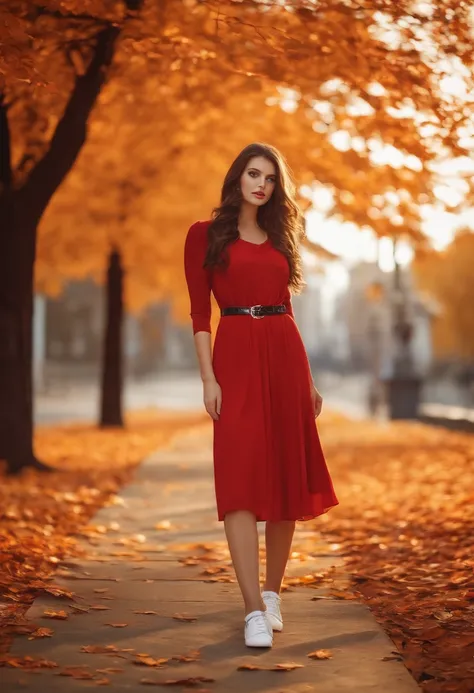 A brown hair sexy girl, free , Blue big eyes , Makeup, Red white dress with black styled belt ,Belt engravings, White shoes ,Outside  ,Autumn , red theme，Future urban background。Resolution 1920*1080