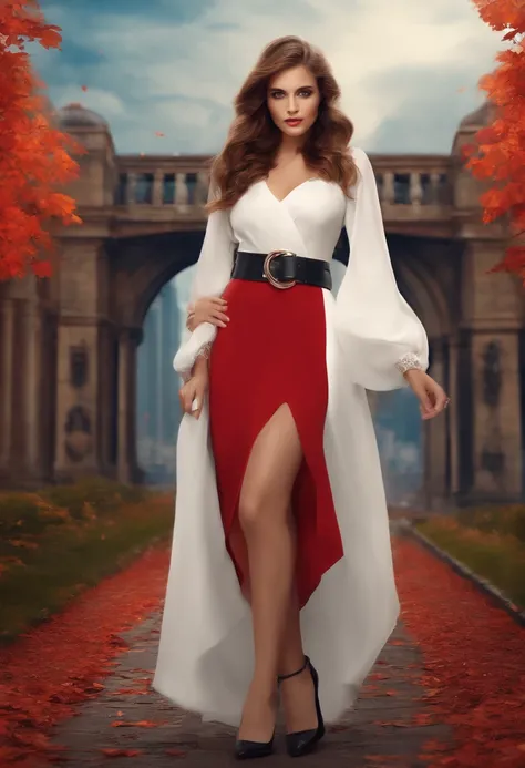 A brown hair sexy girl, free , Blue big eyes , Makeup, Red white dress with black styled belt ,Belt engravings, White shoes ,Outside  ,Autumn , red theme，Future urban background。Resolution 1920*1080