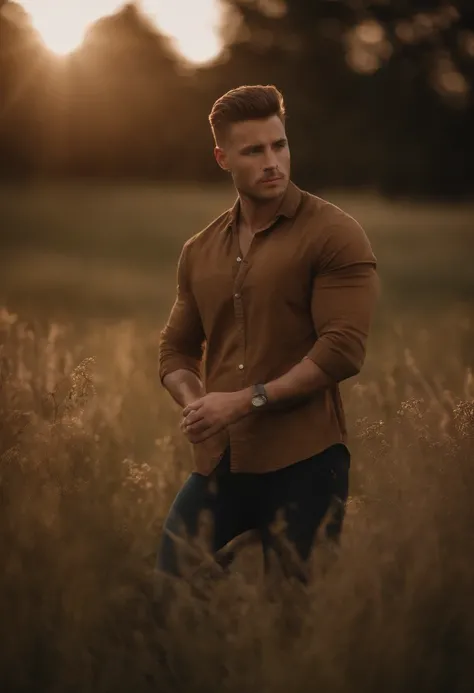 A handsome boy with flowers, 25 years old, brown spiky hair, light hazel brown eyes, masculine pose standing in a meadow, mysterious lighting, muscular physique, looking into the camera, upper body close up, polish, 8k UHD, SLR camera, soft lighting, high ...