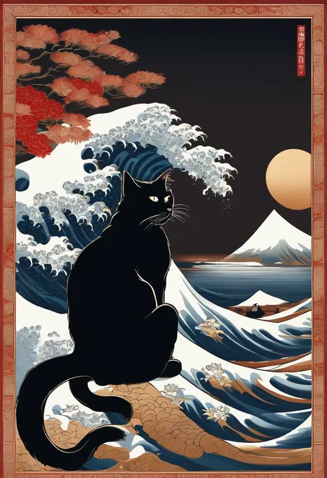 black cat with antique japanese painting and the great wave Illustrations style