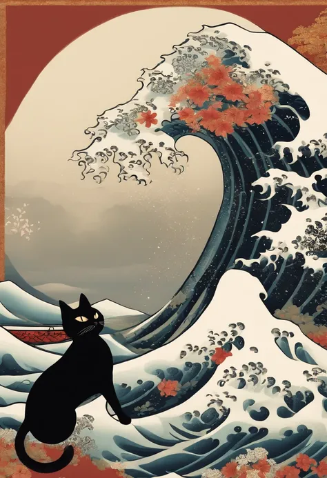 black cat with antique japanese painting and the great wave Illustrations style