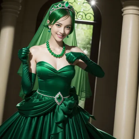 emerald tiara, Green Pearl Necklace, Boyish very short green hair, lipsticks, Japan woman smiling, very short short hair, fist, big breasts beautiful, Green eyes, Long green gloves made of satin material, Green eyes, Emerald Earrings