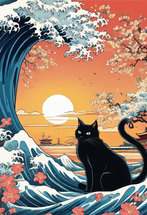 black cat with antique japanese painting and the great wave