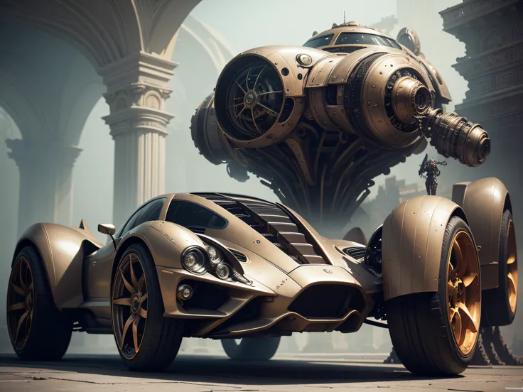 futuristic car biomechanical steampunk vehicle reminiscent of fast sportscar with robotic parts and (glowing) lights parked in ancient lush palace, gothic and baroque, brutalist architecture, ultradetailed, creepy ambiance, fog, artgerm, giger, Intricate b...