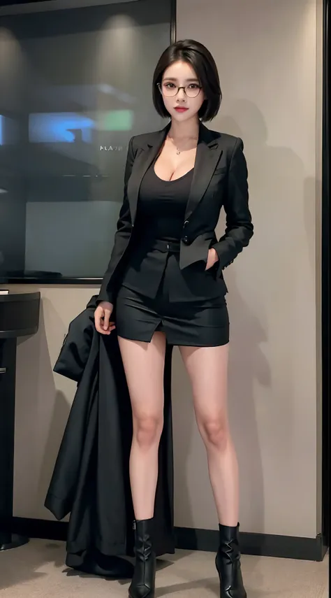 there is a woman in a black jacket and short skirt posing for a picture, huge fake boobs, sexy body, short hair, glasses, business clothes, generous cleavage open jacket, wearing black business suit, girl in suit, wearing business suit, office clothes, wea...