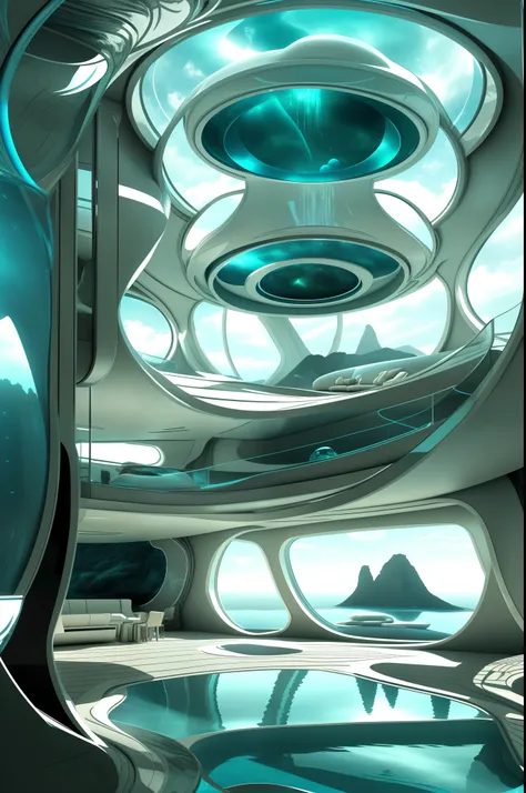 award-winning interior design of a house on an alien planet, planeta zafiro, futuristic, transparent, agua marina