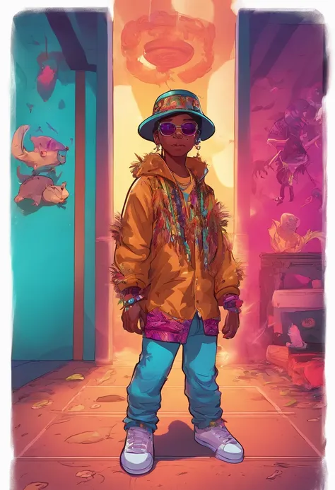 11 yo boy wearing a tunic with animal skins, long pants and a hat with feathers, in an underground music club full of percussion instruments fantasy, (full body shot), cinematic lighting, perfect composition, illustration, Generate Artwork , Glassmorphism