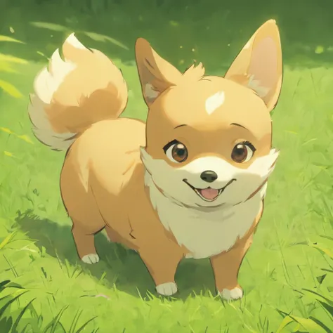 Corgi Chinese illustration movie lighting effects，Sitting on the grass
Corgi Dog，His eyes were fixed on the screen，Optimize eye detail，Corgi dog sitting on grass，His eyes were fixed on the screen，Optimize eye detail，best qualtiy，high detal，best qualtiy，8K,...