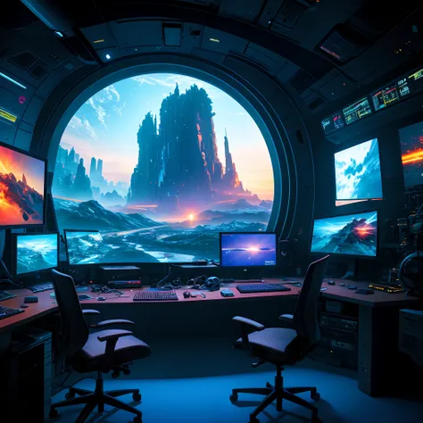 Spacecraft themed room with a computer and a desk with a monitor, scifi landscape, Paisaje cyberpunk, Paisaje futurista, scifi landscape, Pintura digital retrofuturista, Fondo de pantalla de paisaje cyberpunk, scifi landscape, Paisaje Sci - Fi, Estilo de a...