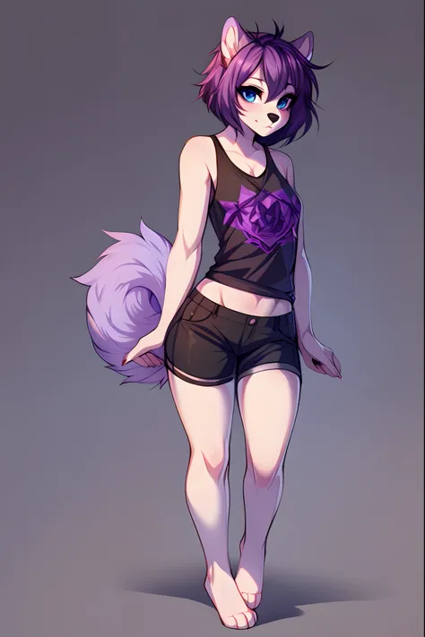 Solo:1.3, by fumiko, by hyattlen, by claweddrip, a purple anthro furry squirrel girl, purple furry body, short violet hair, purple flufffy squirrel ears, cute snout, black nose, blue eyes, wearing black shorts, black tank top, barefoot, 4 toes, standing, n...