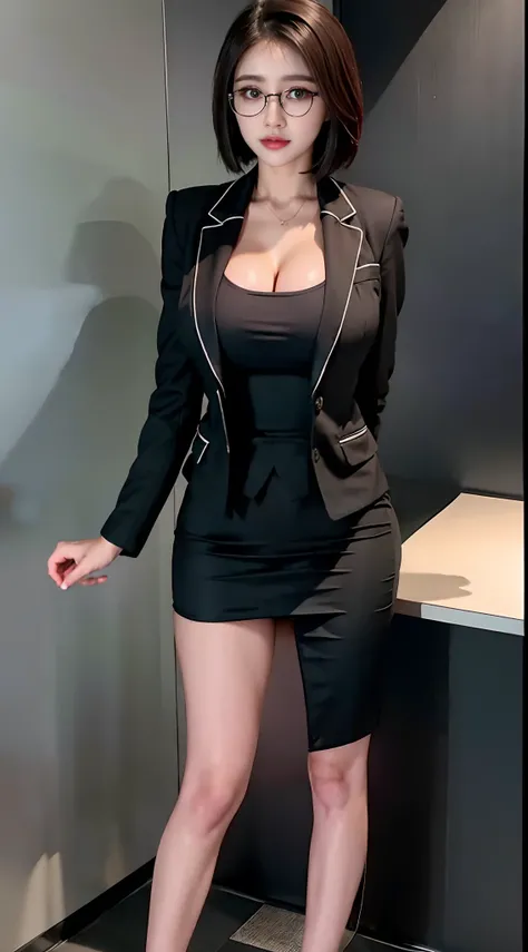 there is a busty woman in a black jacket and short skirt posing for a picture, huge fake boobs, sexy body, slim waist, big butt, short hair, glasses, business clothes, generous cleavage open jacket, wearing black business suit, girl in suit, wearing busine...