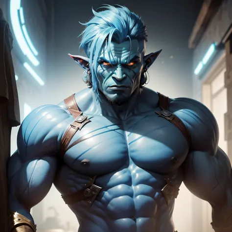 personagem meio-orc, com corte de cabelo longo azul escuro e cavanhaque, olhos amarelos, ectomorfo com Poucos musculos