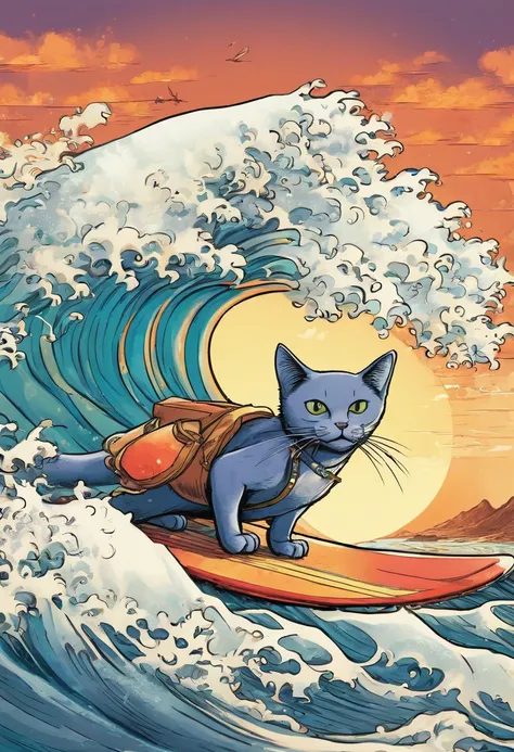 cat riding surfing on the great wave