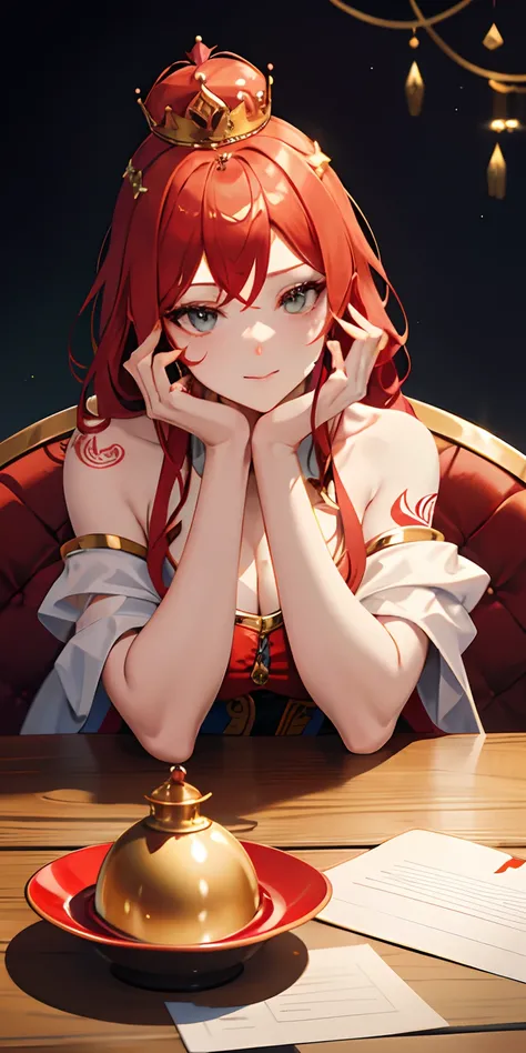 woman with red hair and tattoos sitting at a table with a cup of coffee and a crown on her head, dressed as a queen, posing as a queen, wearing huge golden crown, wearing a paper crown, queen crown on top of her head, wearing a crown, wearing a golden crow...