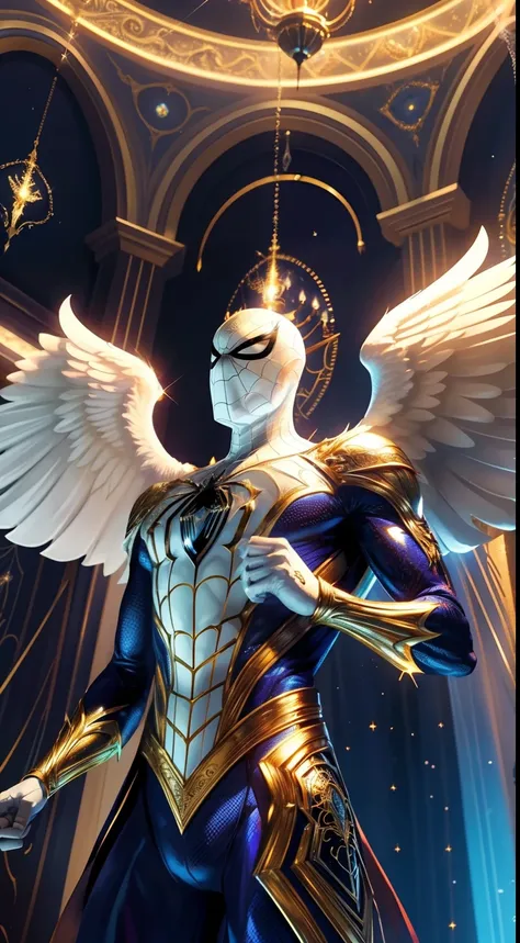 detalles preciosos,(detalles intrincados), spider-man angelical" he wears a white and gold suit with an angelic chandelier on hi...