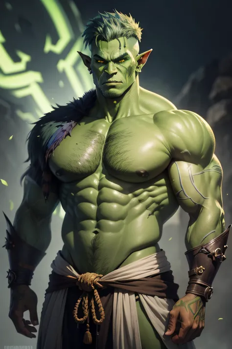 personagem meio-orc verde, com corte de cabelo longo azul escuro e cavanhaque, olhos amarelos, ectomorfo com Poucos musculos