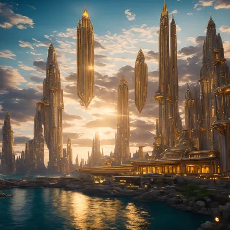 Atlantis city landmark, unique futuristic exterior golden landmark, futuristic ancient building in around, realistic 3d randering, unreal engine 5, masterpiece composition, dynamic low angle wide shot, dramatac lighting, cinematic, UHD, highly detailed tex...