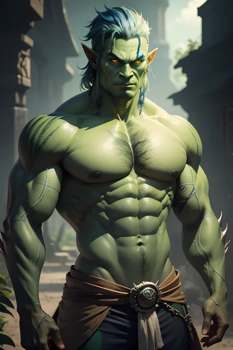 personagem meio-orc verde, com corte de cabelo longo Azul escuro e cavanhaque Azul, olhos amarelos, ectomorfo com Poucos musculos