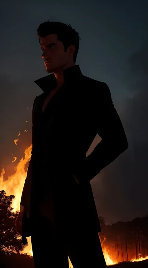 imaginar : closeup of a silhouette of a shirtless young villain, in black pants and black overcoat, seu corpo imana fogo e nevoa...