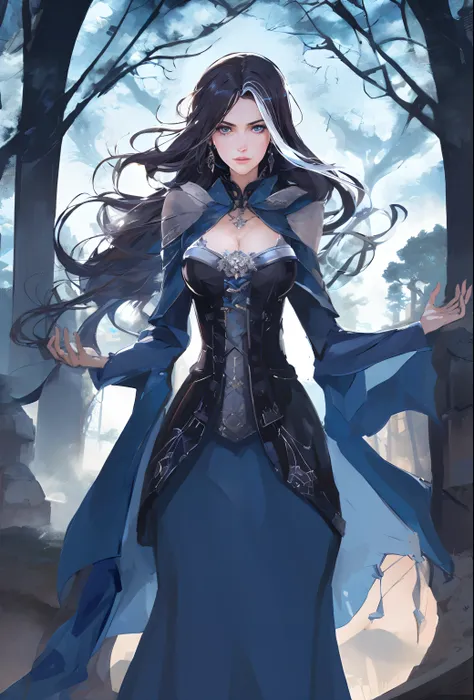 Absurd resolution, hight resolution, reflection, refraction:1.4 ultra-detailed:1.0 (illustartion, Line drawing), tmasterpiece, aristocrat in a blue dress with a corset, blue eyes, European appearance, Englishwoman, black hair with a white strand, Sorceress...