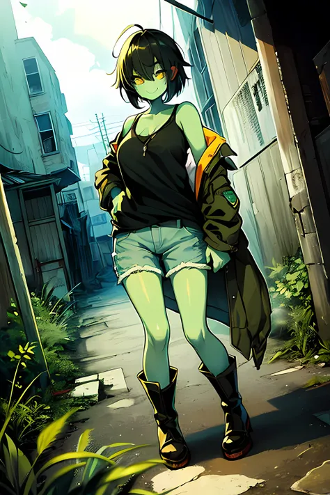 1zombie girl, light mint green skin, body stiches, abandoned town, black hair, yellow eyes, ripped clothes, smug