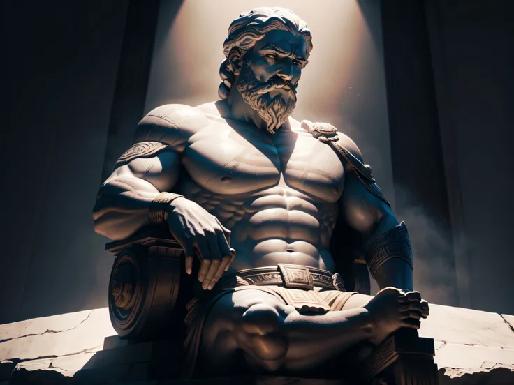 Illustrate a mesmerizing 8K scene portraying an illustrious Greek thinker from the 3rd century BC, immortalized as a statue and placed within an ambiance reminiscent of God of War. Position the statue amidst mysterious shadows, with dynamic lighting and sh...