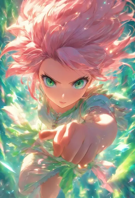 foreshortening,  profundidade de campo, master part, best quality, 1girl, pink hair, olhos verde azulado,  cabelos medios, flutuando,raios rosas, sozinho, Olhando para o Viewer,vestido rosa, voando,  luz solar fraca,