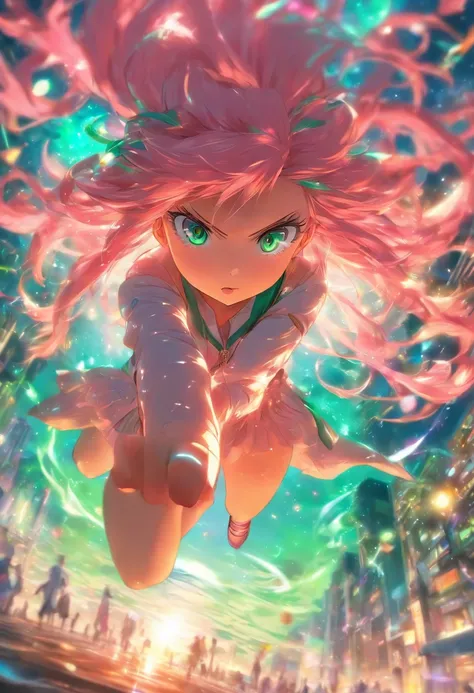 foreshortening,  profundidade de campo, master part, best quality, 1girl, pink hair, olhos verde azulado,  cabelos medios, flutuando,raios rosas, sozinho, Olhando para o Viewer,vestido rosa, voando,  luz solar fraca,