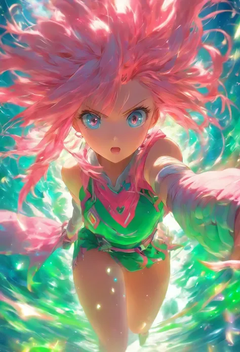 foreshortening,  profundidade de campo, master part, best quality, 1girl, pink hair, olhos verde azulado,  cabelos medios, flutuando,raios rosas, sozinho, Olhando para o Viewer,vestido rosa, voando,  luz solar fraca,